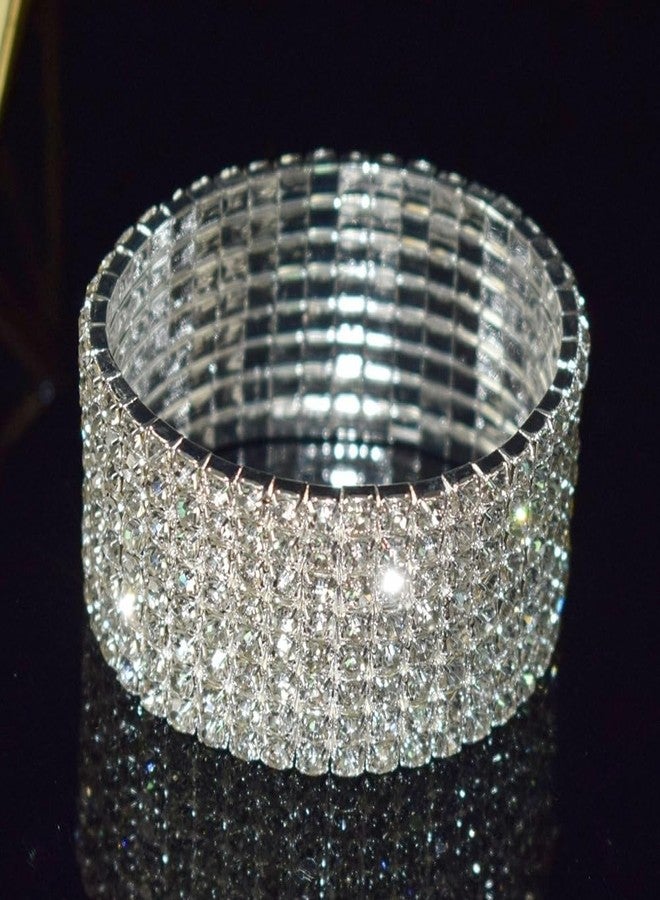 DATOA 8 Rows Sparkly Rhinestone Crystal Stretch Bracelet for Women Wide Bridal Wedding Party Jewelry-Silver - Image 2