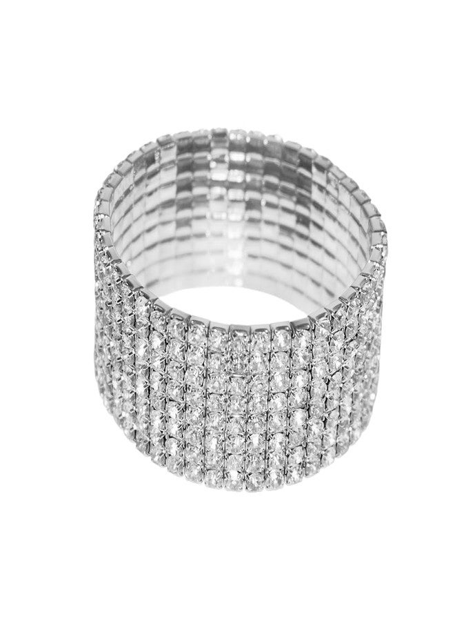 DATOA 8 Rows Sparkly Rhinestone Crystal Stretch Bracelet for Women Wide Bridal Wedding Party Jewelry-Silver - Image 1