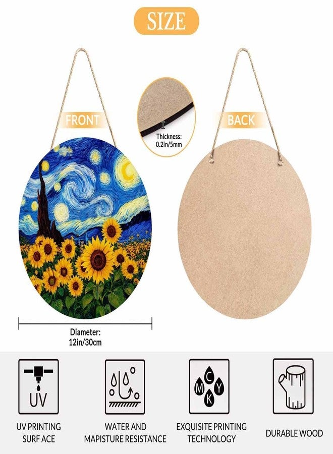 Beabes Farmhouse Front Porch Decor - Wooden Hanging Sunflower Oil Painting Under Moon, 12 Inch Front Door Decoration, Housewarming Present, Home Decor Present - Image 2