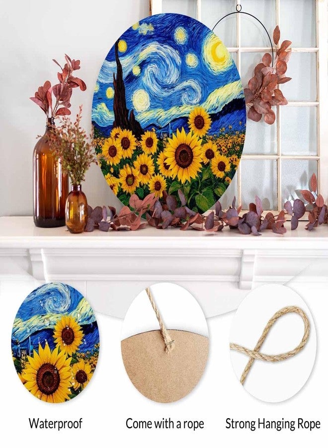 Beabes Farmhouse Front Porch Decor - Wooden Hanging Sunflower Oil Painting Under Moon, 12 Inch Front Door Decoration, Housewarming Present, Home Decor Present - Image 3