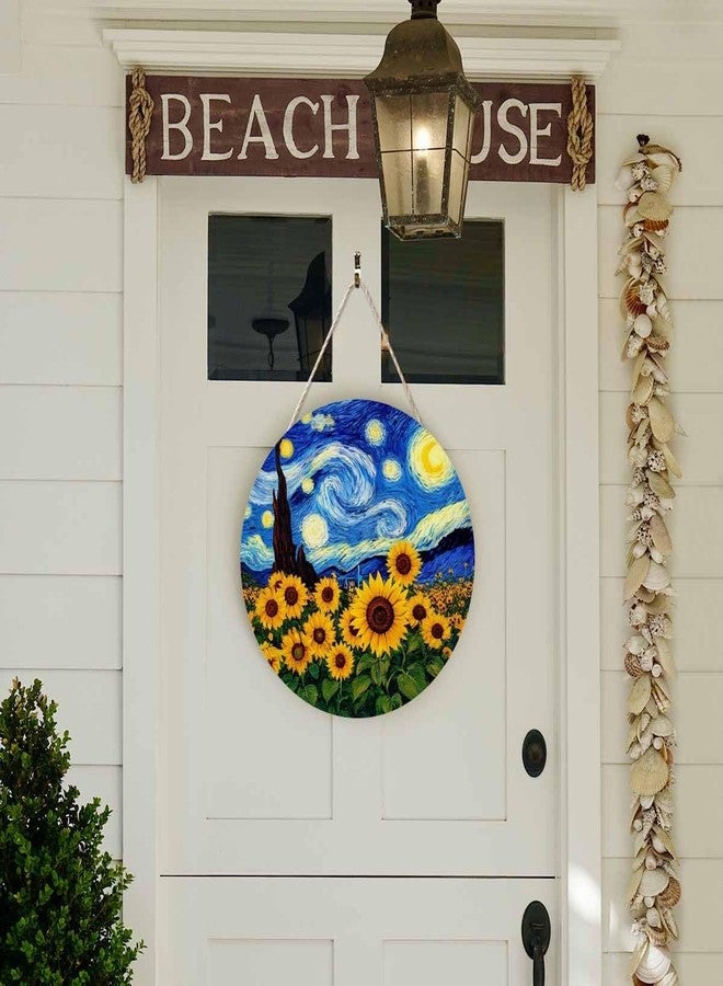 Beabes Farmhouse Front Porch Decor - Wooden Hanging Sunflower Oil Painting Under Moon, 12 Inch Front Door Decoration, Housewarming Present, Home Decor Present - Image 5