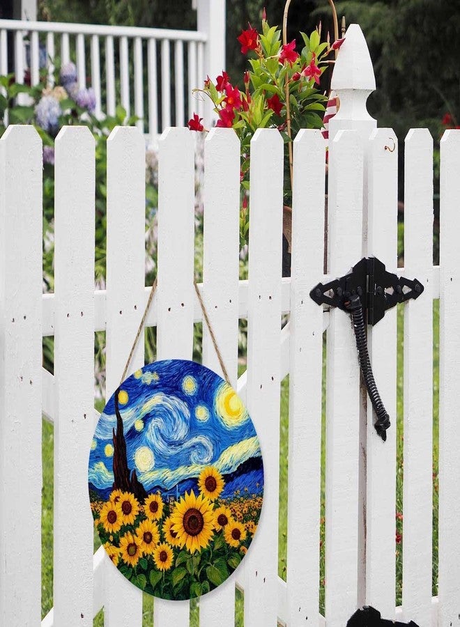 Beabes Farmhouse Front Porch Decor - Wooden Hanging Sunflower Oil Painting Under Moon, 12 Inch Front Door Decoration, Housewarming Present, Home Decor Present - Image 4