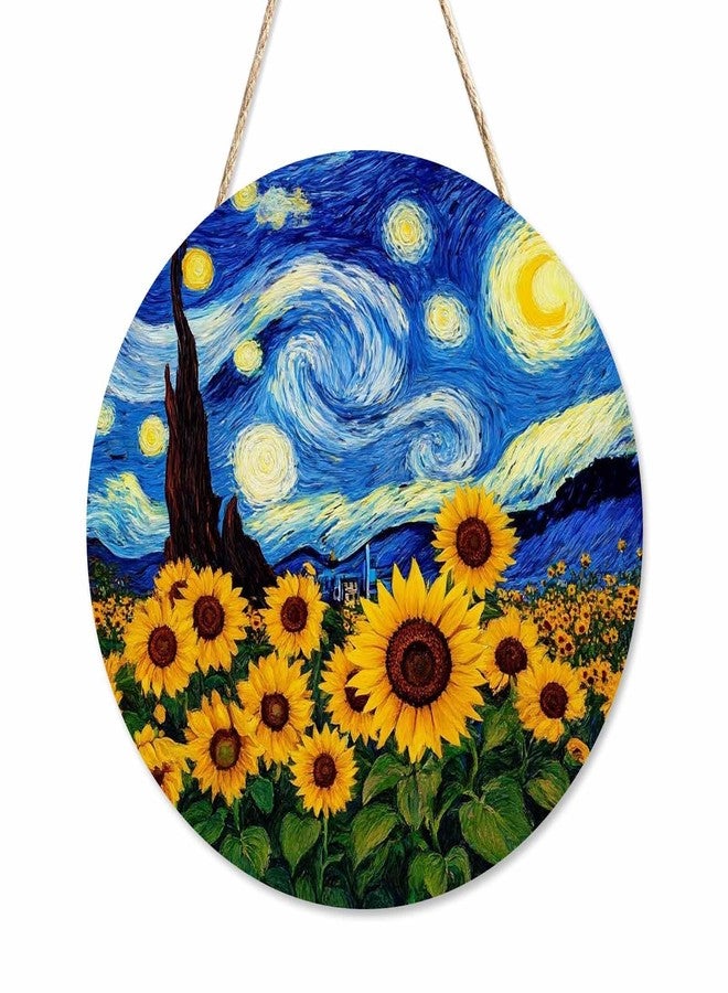 Beabes Farmhouse Front Porch Decor - Wooden Hanging Sunflower Oil Painting Under Moon, 12 Inch Front Door Decoration, Housewarming Present, Home Decor Present - Image 1