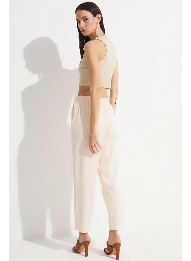 JUNE June Women Exclusive Elastic Waist Viscose Blend Jogger Woven Trouser Light Beige