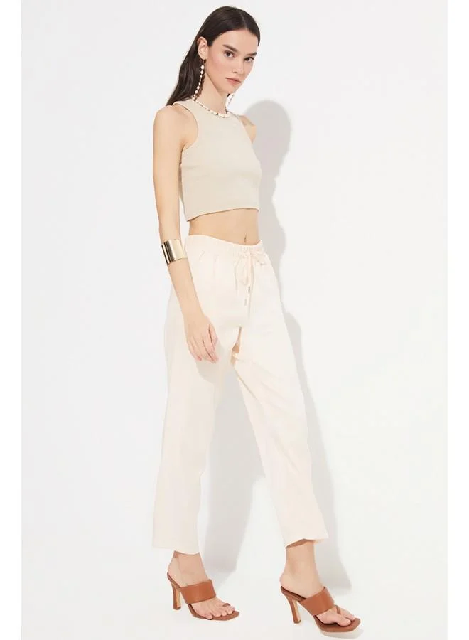 JUNE June Women Exclusive Elastic Waist Viscose Blend Jogger Woven Trouser Light Beige