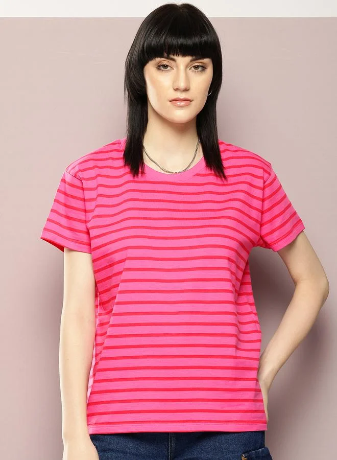 Dillinger Women Pink Striped Yarn Dyed Boxy T-Shirt