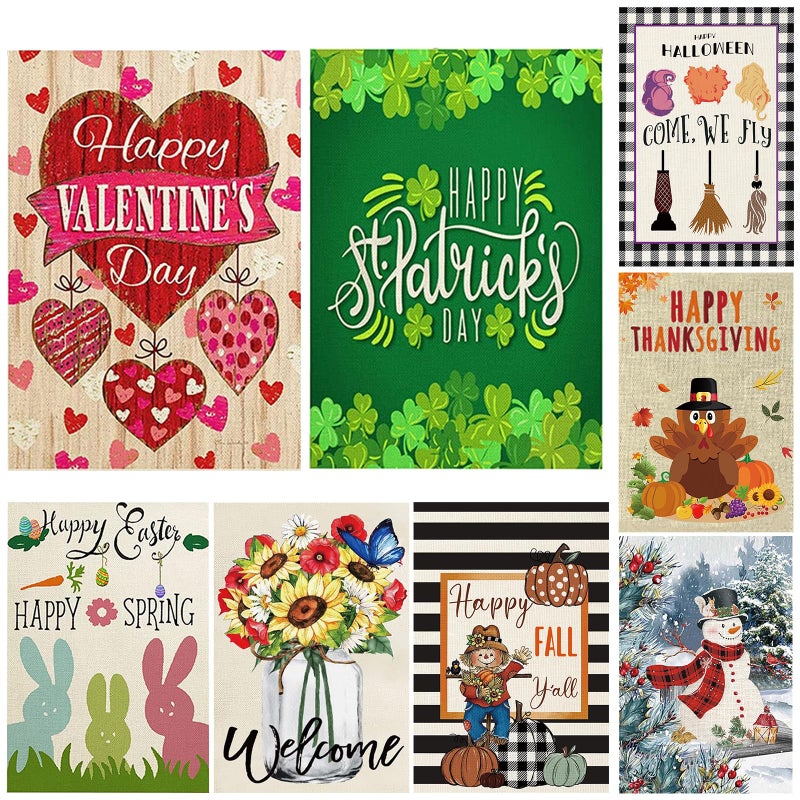 JQAQJU Pating Seasonal Garden Flags Set of 8 Double Sided 12 x 18 Inch Yard Flags, Valentine Garden Flag, Outdoor Easter St Patricks Day Holiday Spring Fall Winter Halloween Xmas - Image 1
