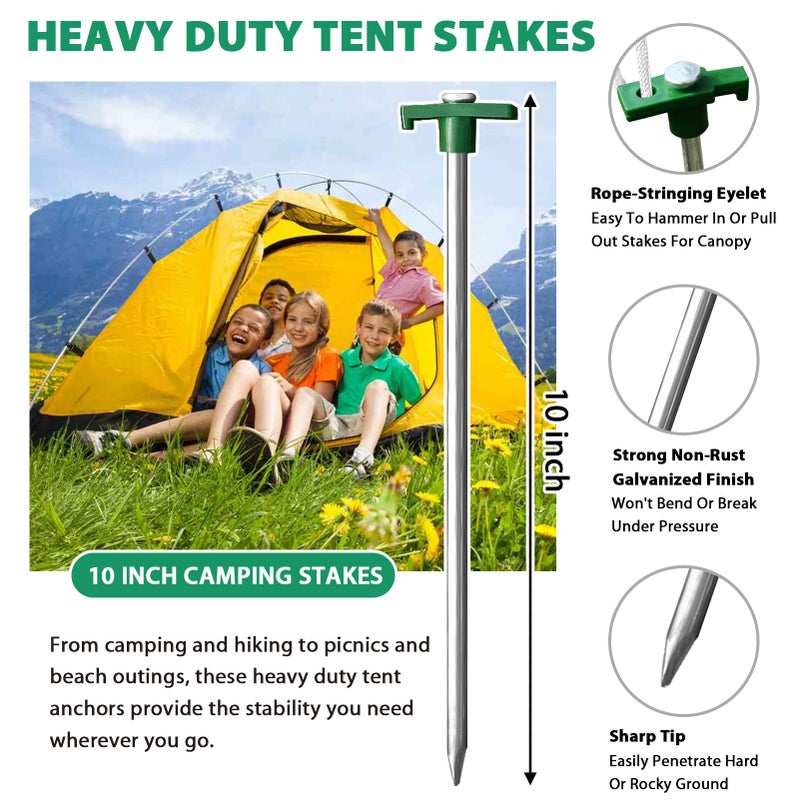 Eurmax USA Galvanized Non-Rust Camping Family Tent Pop Up Tent Stakes Canopy Anchors Heavy Duty 10pc-Pack, with 4x10ft Ropes & 1 Green Stopper - Image 3