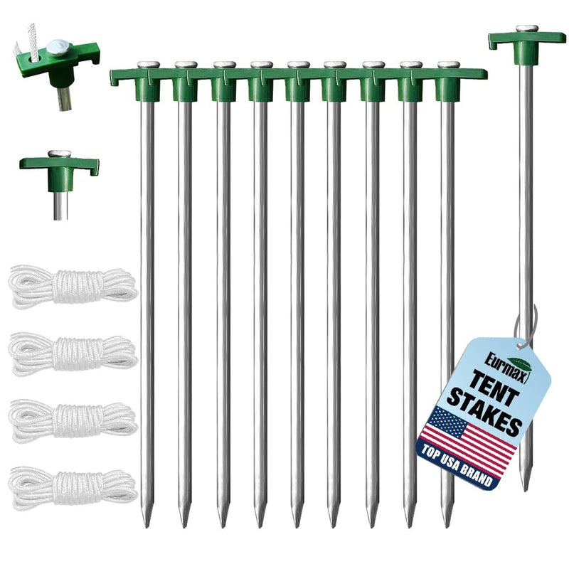 Eurmax USA Galvanized Non-Rust Camping Family Tent Pop Up Tent Stakes Canopy Anchors Heavy Duty 10pc-Pack, with 4x10ft Ropes & 1 Green Stopper - Image 1