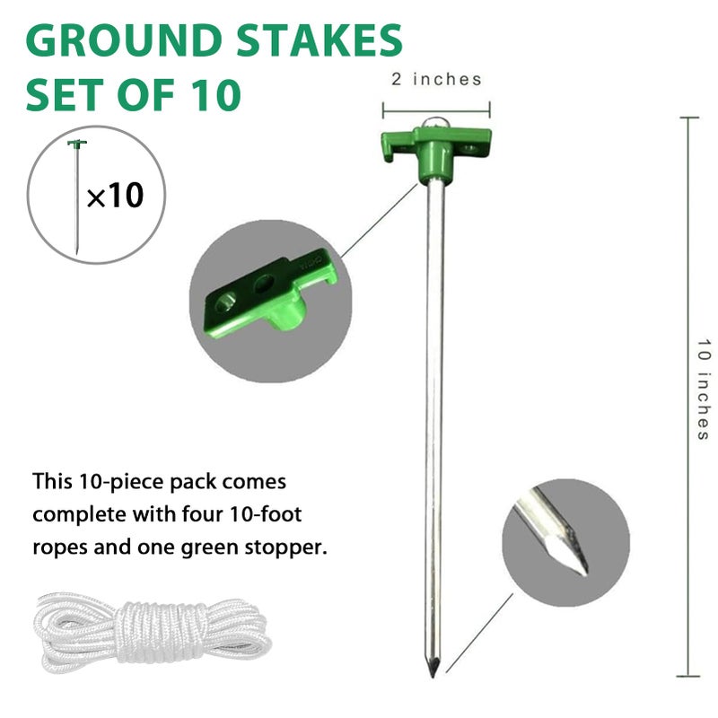 Eurmax USA Galvanized Non-Rust Camping Family Tent Pop Up Tent Stakes Canopy Anchors Heavy Duty 10pc-Pack, with 4x10ft Ropes & 1 Green Stopper - Image 2