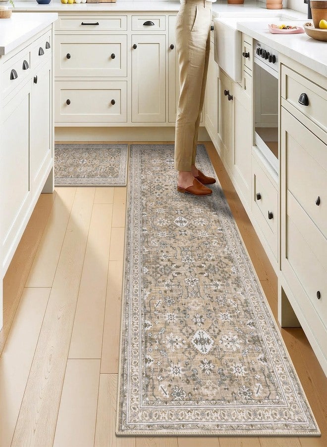 Ileading Kitchen Rugs Sets of 2 Non Slip, Washable Kitchen Mats for Floor with Rubber Bottom, Farmhouse Kitchen Carpet Runner Set for Office, Sink, Laundry, Beige - Image 1