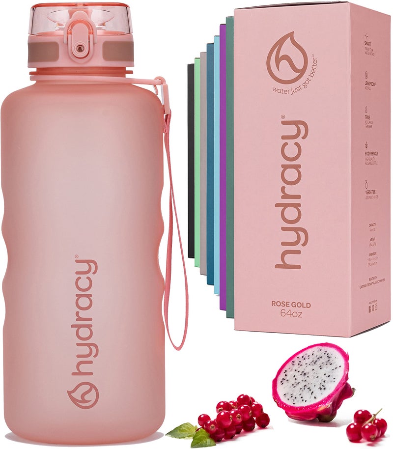 Hydracy Water Bottle with Time Marker -Large Half gallon 64oz BPA Free Bottle  No Sweat Sleeve -Leak Proof gym Bottle with Fruit Infuser Strainer  Times to Drink -Ideal gift for Sports  Outdoors
