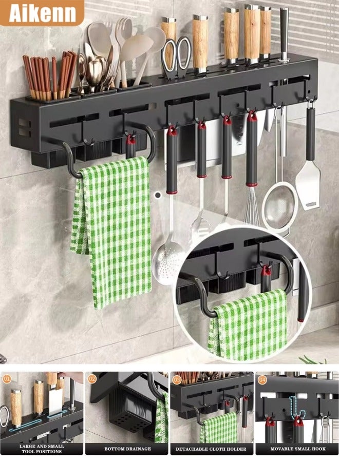 Aikenn Wall Mounted Knife Rack Stainless Steel Knife Rack Multifunctional Storage Rack Knife Rack With 6 Hooks Sticky Wall Mounted Knife Rack Kitchen Punch-Free Rack Chopstick Holder Knife Rack 40cm Black  - Image 1