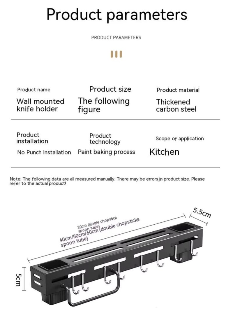 Aikenn Wall Mounted Knife Rack Stainless Steel Knife Rack Multifunctional Storage Rack Knife Rack With 6 Hooks Sticky Wall Mounted Knife Rack Kitchen Punch-Free Rack Chopstick Holder Knife Rack 40cm Black  - Image 2