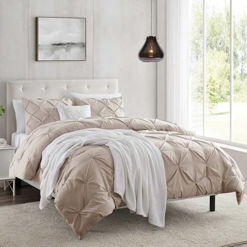 Nestl California King Duvet Cover Set  Taupe Pintuck Duvet Cover 3 Piece Set with Button Closure 104x98 inches and 2 Pillow Shams