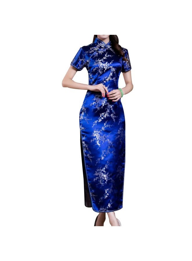 STIOEDYUAN Women Cheongsam Long Dress Evening Short Sleeve Slim Fit Maxi Dress Floral Faux Silk Stand Collar Bodycon Qipao (as1, Alpha, x_l, Regular, Regular, Dark Blue Flower) - Image 1