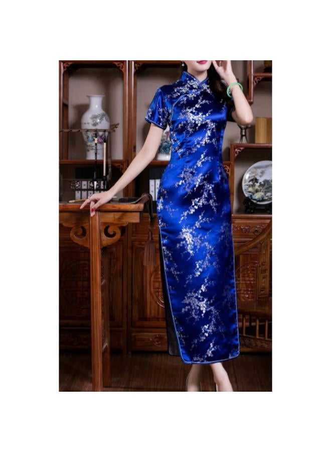 STIOEDYUAN Women Cheongsam Long Dress Evening Short Sleeve Slim Fit Maxi Dress Floral Faux Silk Stand Collar Bodycon Qipao (as1, Alpha, x_l, Regular, Regular, Dark Blue Flower) - Image 2