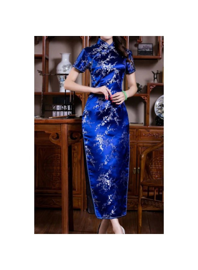 STIOEDYUAN Women Cheongsam Long Dress Evening Short Sleeve Slim Fit Maxi Dress Floral Faux Silk Stand Collar Bodycon Qipao (as1, Alpha, x_l, Regular, Regular, Dark Blue Flower) - Image 3