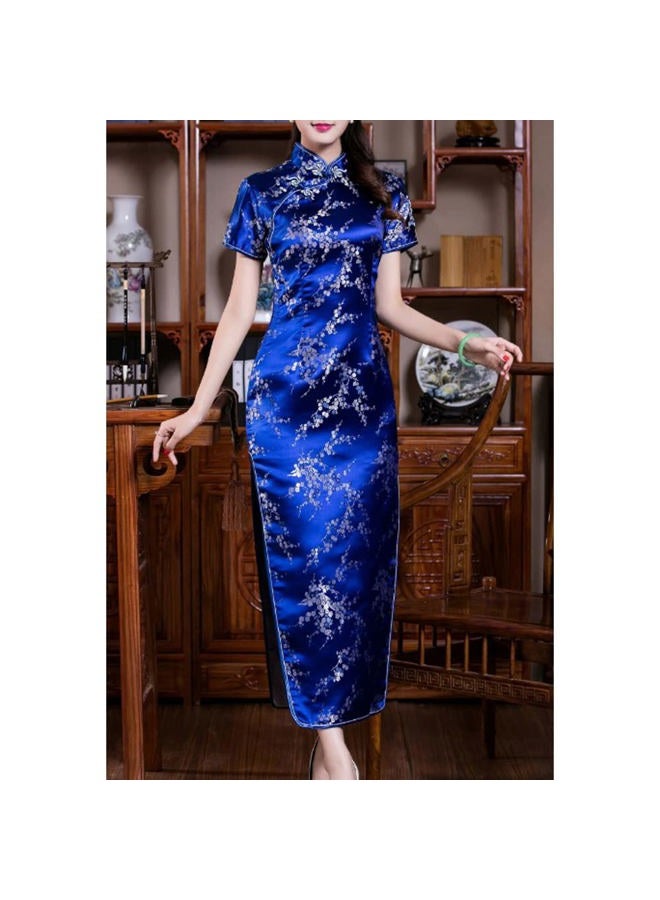 STIOEDYUAN Women Cheongsam Long Dress Evening Short Sleeve Slim Fit Maxi Dress Floral Faux Silk Stand Collar Bodycon Qipao (as1, Alpha, x_l, Regular, Regular, Dark Blue Flower) - Image 5