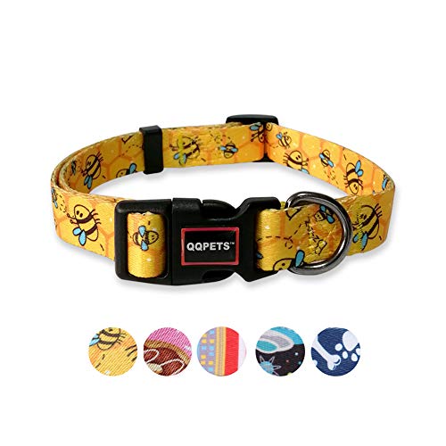 QQPETS Adjustable Soft Dog Collar: Print Flower Pink Multicolor Cute Patterns for XS Small Medium Large Pet Girl Boy Puppy Walking Running Training (M, Yellow Bee) - Image 1