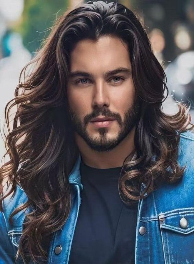 Beweig Long Curly Wavy Dark Brown Wigs for Men Synthetic Natural Party Halloween Cosplay Hair Wig - Image 1