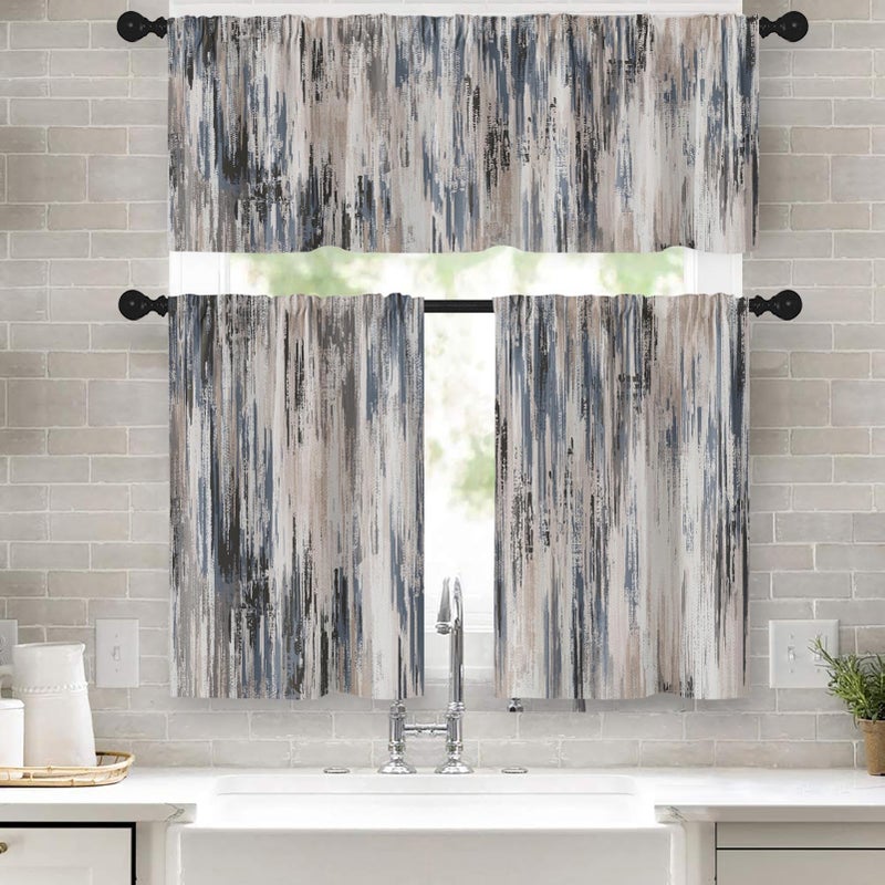 Tayney Grey Brown Kitchen Window Curtains Valance and Tier Set 36 Inch, Abstract Painting Vintage Rod Pocket Short Tier Curtain for Bathroom, Modern Small Cafe Drapes for Kitchen Decor - Image 1