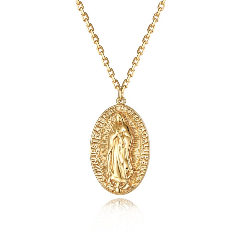 VACRONA Virgin Mary Coin Necklace 14K Gold Plated Catholic Christian Necklace Vintage Textured Medallion Pendant Necklace Dainty Oval Disk Charm Necklace for Women Gift - Image 1