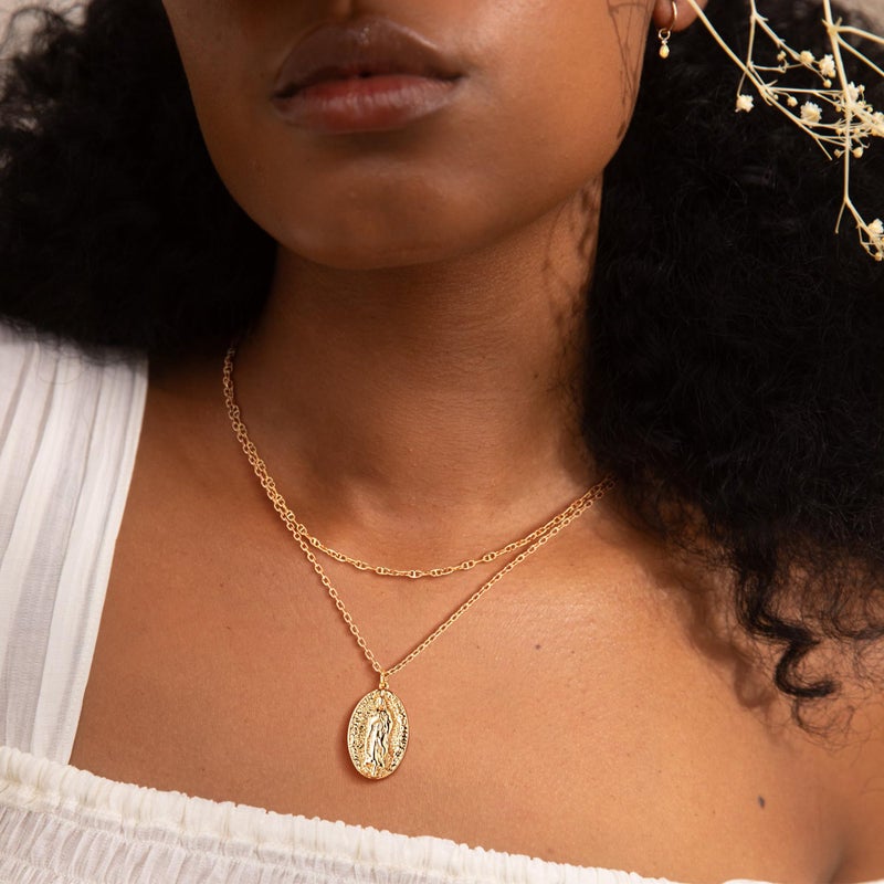 VACRONA Virgin Mary Coin Necklace 14K Gold Plated Catholic Christian Necklace Vintage Textured Medallion Pendant Necklace Dainty Oval Disk Charm Necklace for Women Gift - Image 4