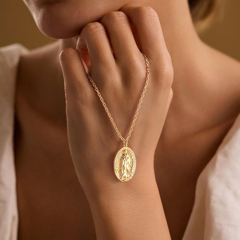 VACRONA Virgin Mary Coin Necklace 14K Gold Plated Catholic Christian Necklace Vintage Textured Medallion Pendant Necklace Dainty Oval Disk Charm Necklace for Women Gift - Image 3