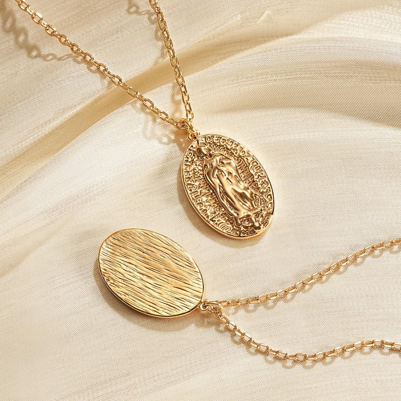 VACRONA Virgin Mary Coin Necklace 14K Gold Plated Catholic Christian Necklace Vintage Textured Medallion Pendant Necklace Dainty Oval Disk Charm Necklace for Women Gift - Image 5