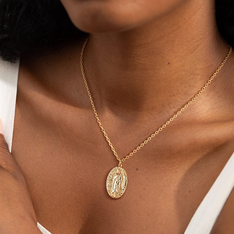 VACRONA Virgin Mary Coin Necklace 14K Gold Plated Catholic Christian Necklace Vintage Textured Medallion Pendant Necklace Dainty Oval Disk Charm Necklace for Women Gift - Image 2