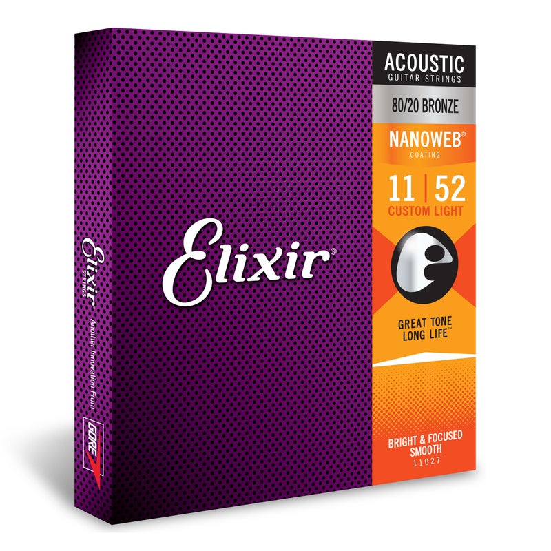 Elixir Strings 80/20 Bronze Acoustic Guitar Strings w NANOWEB Coating, Custom Light (.011-.052) - Image 1