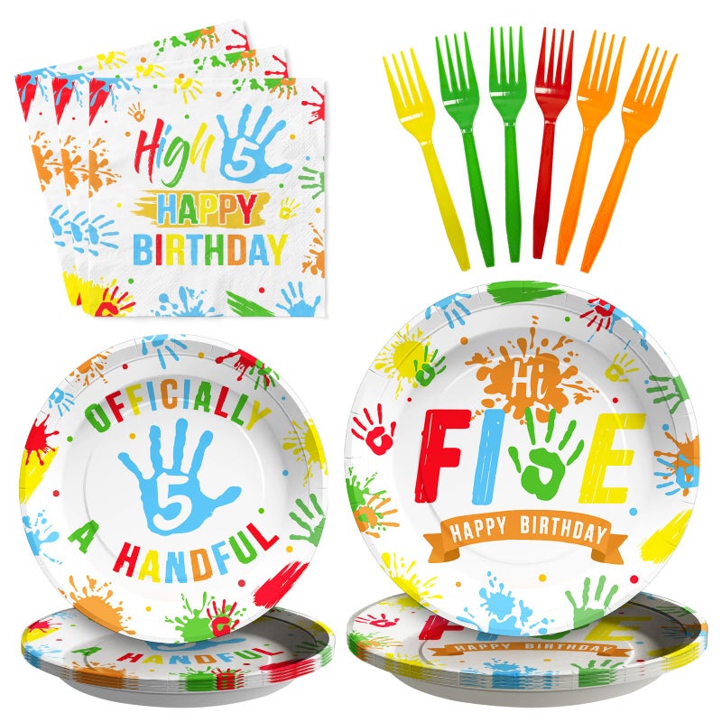 96Pcs Hi Five Birthday Decorations Colorful High Five Birthday Party Plates and Napkins Disposable 5 Year Old Tableware for Kids Boys Girls 5th Party Supplies Serves 24