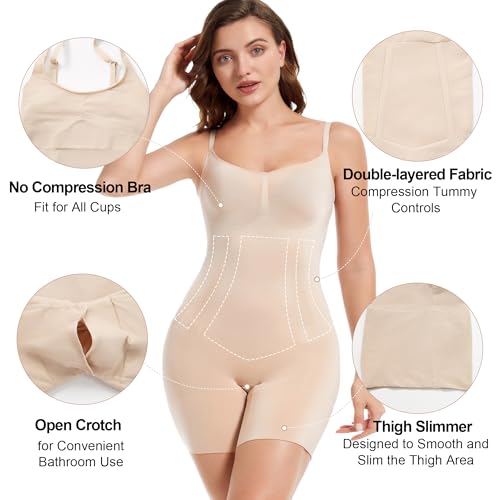 SHAPERX Bodysuit for Women Tummy Control Shapewear Mid-Thigh Seamless Full Body Shaper, SZ6224-Beige-S - Image 4