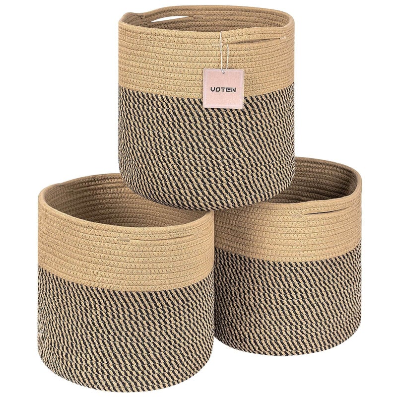 voten Storage Cubes Baskets Bins Organizer 11x11x11'' Fit 12x12''Cube Storage Organizer Bookcases Shelf,Durable Woven Cotton Storage Basket for Organizing,Round 3Pack Camel/Mixed Black - Image 1