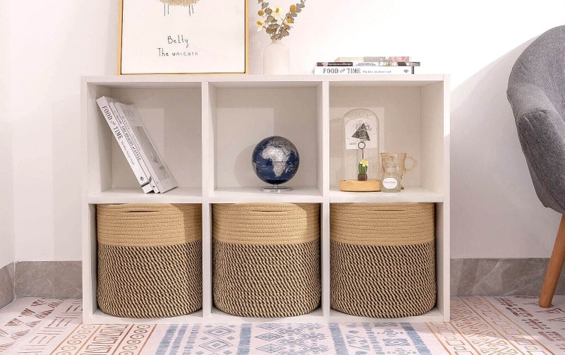 voten Storage Cubes Baskets Bins Organizer 11x11x11'' Fit 12x12''Cube Storage Organizer Bookcases Shelf,Durable Woven Cotton Storage Basket for Organizing,Round 3Pack Camel/Mixed Black - Image 5
