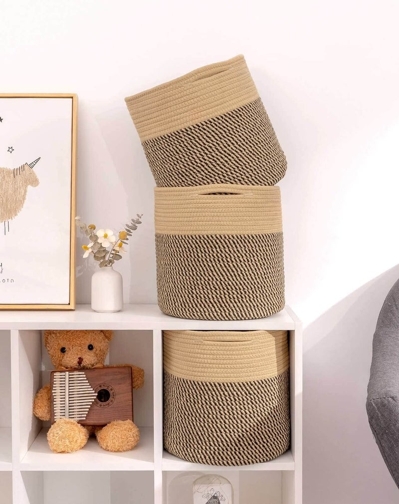 voten Storage Cubes Baskets Bins Organizer 11x11x11'' Fit 12x12''Cube Storage Organizer Bookcases Shelf,Durable Woven Cotton Storage Basket for Organizing,Round 3Pack Camel/Mixed Black - Image 4