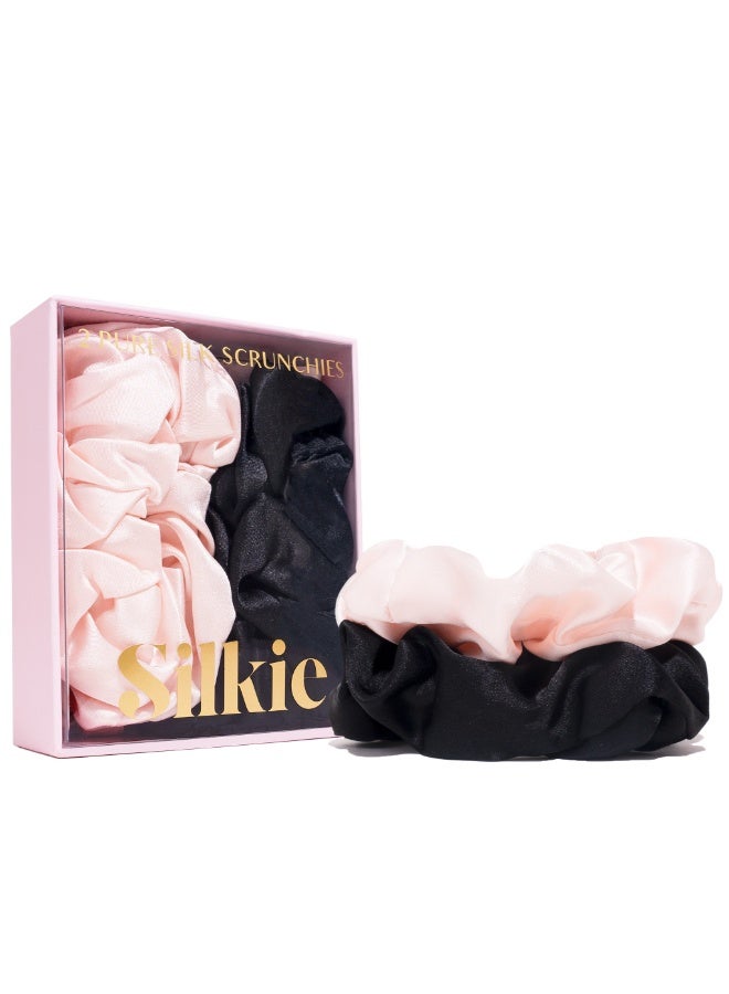 Silkie x2 Oversized Mulberry Silk Scrunchies – Soft No-Crease Hair Ties for Everyday Wear (Classic) - Image 1