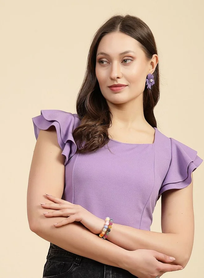 مرفوعة توب نسائي قصير بنفسجي مجسم بأكمام مكشكشة من فري هاند