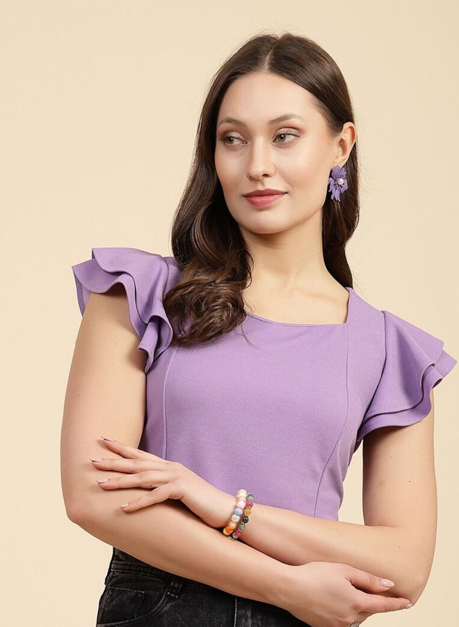مرفوعة توب نسائي قصير بنفسجي مجسم بأكمام مكشكشة من فري هاند - Image 1
