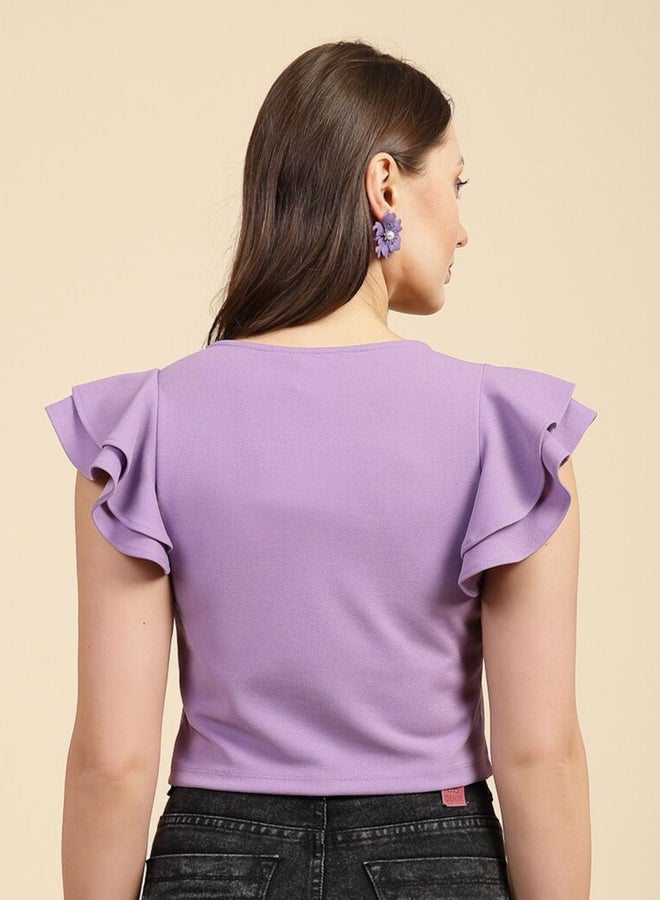 مرفوعة توب نسائي قصير بنفسجي مجسم بأكمام مكشكشة من فري هاند - Image 4