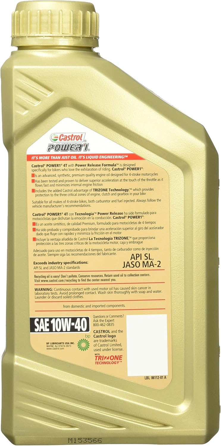 Castrol POWER1 4T Full Synthetic Motorcycle Oil 10W-40 - 1 Quart - Image 2