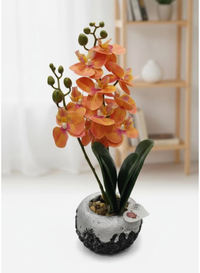 AKDC Next Rose Artificial Orange Orchid Flower - Exotic Blooms in Silver Toned Pot, Adds Tropical Flair Effortlessly, 35 cm,"- Polystyrene foam orchid with vibrant orange petals for exotic appeal. - Image 1