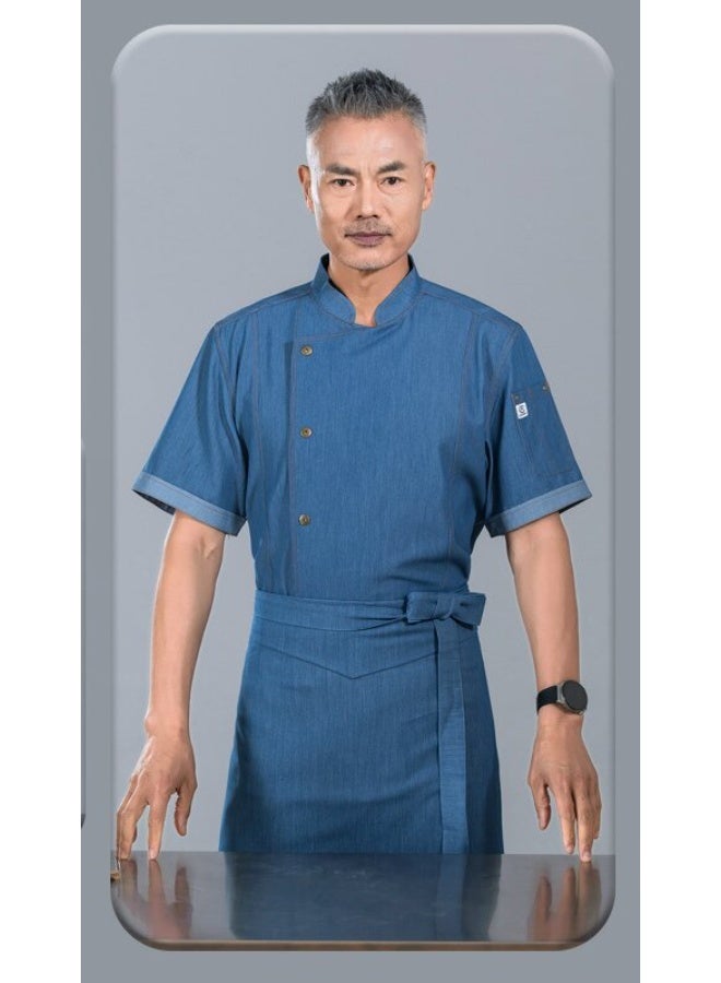 NIBEMINENT High-End Breathable Dining Restaurant Kitchen Denim Chef Overalls Short Sleeve Chef Uniform Men's Spring Summer Workwear Uniform  - Image 1
