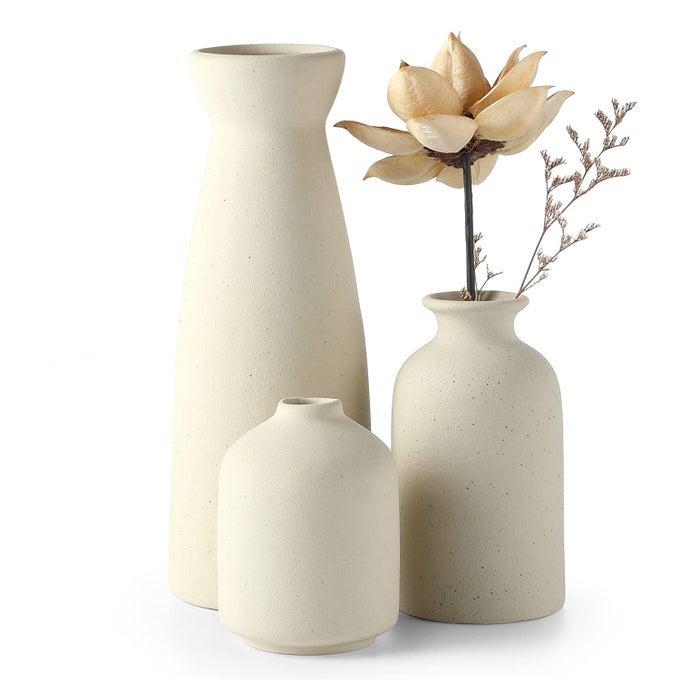 BEIGE CERAMIC VASE SET3 SMALL FLOWER VASES FOR DECORMODERN BOHO FARMHOUSE HOME DECORDECORATIVE VASE FOR PAMPAS GRASSDRIED FLOWERSIDEA SHELFTABLEBOOKSHELF ENTRYWAY DISTRESSED