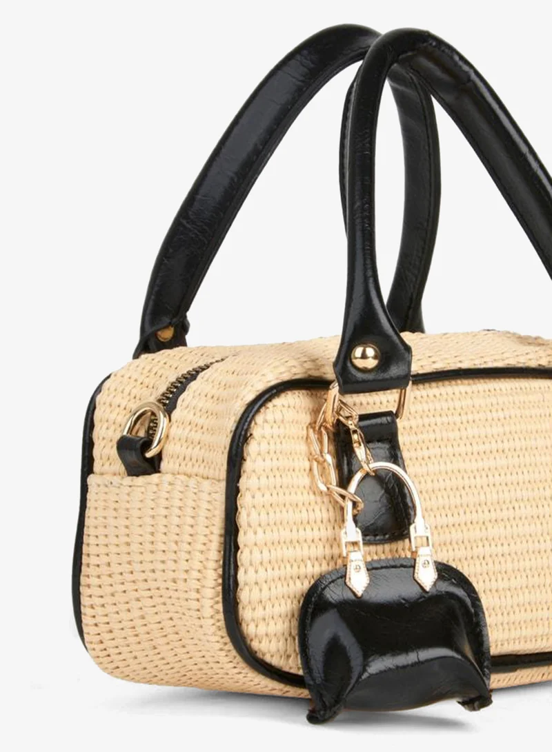 Women's Straw Black Charm-Accessory Zipper Closure Hand, Arm and Shoulder Bag.