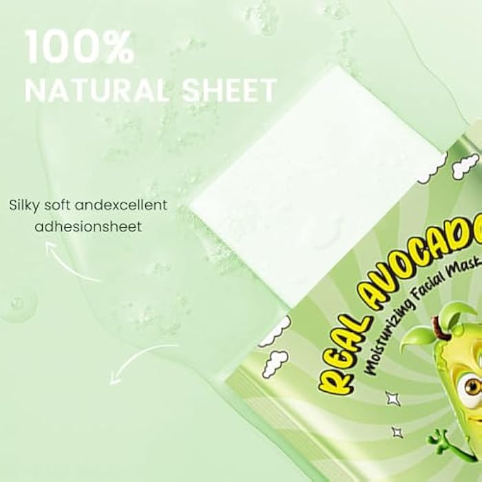 AMY'S DIARY 8 PCS Real Hydrating Nature Face Masks Skincare, Hyaluronic Acid, Vitamin C and E, Chamomile, Korean Beauty Essence Facial Paper Sheet Mask for Skin Care Moisturizing (Avocado) - Image 3