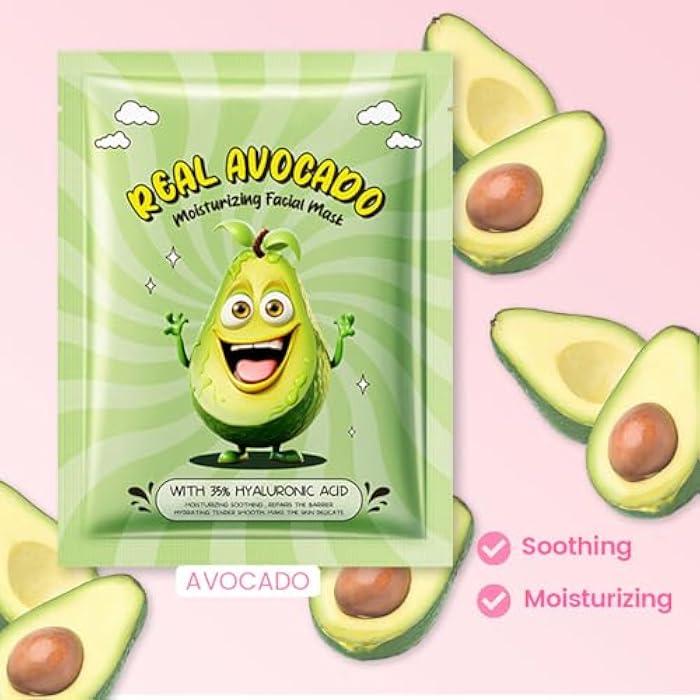 AMY'S DIARY 8 PCS Real Hydrating Nature Face Masks Skincare, Hyaluronic Acid, Vitamin C and E, Chamomile, Korean Beauty Essence Facial Paper Sheet Mask for Skin Care Moisturizing (Avocado) - Image 2