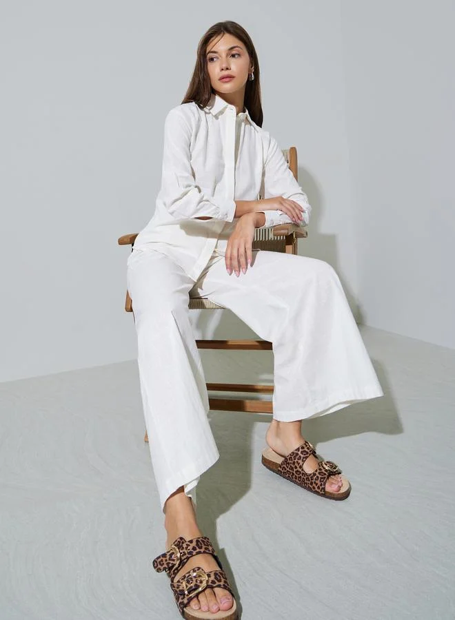 Styli Off White Cotton Wide Leg Trousers