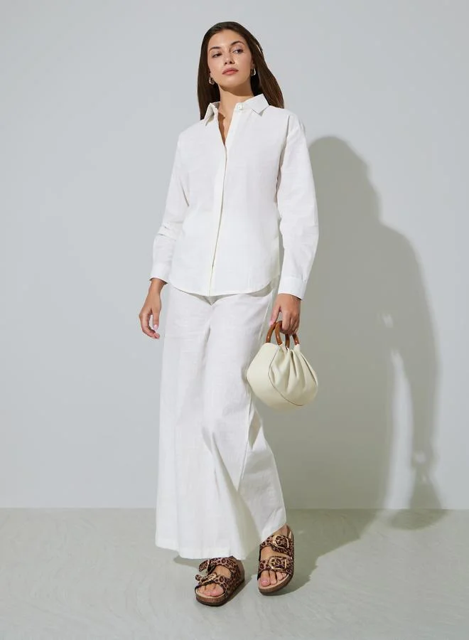 Styli Off White Cotton Wide Leg Trousers